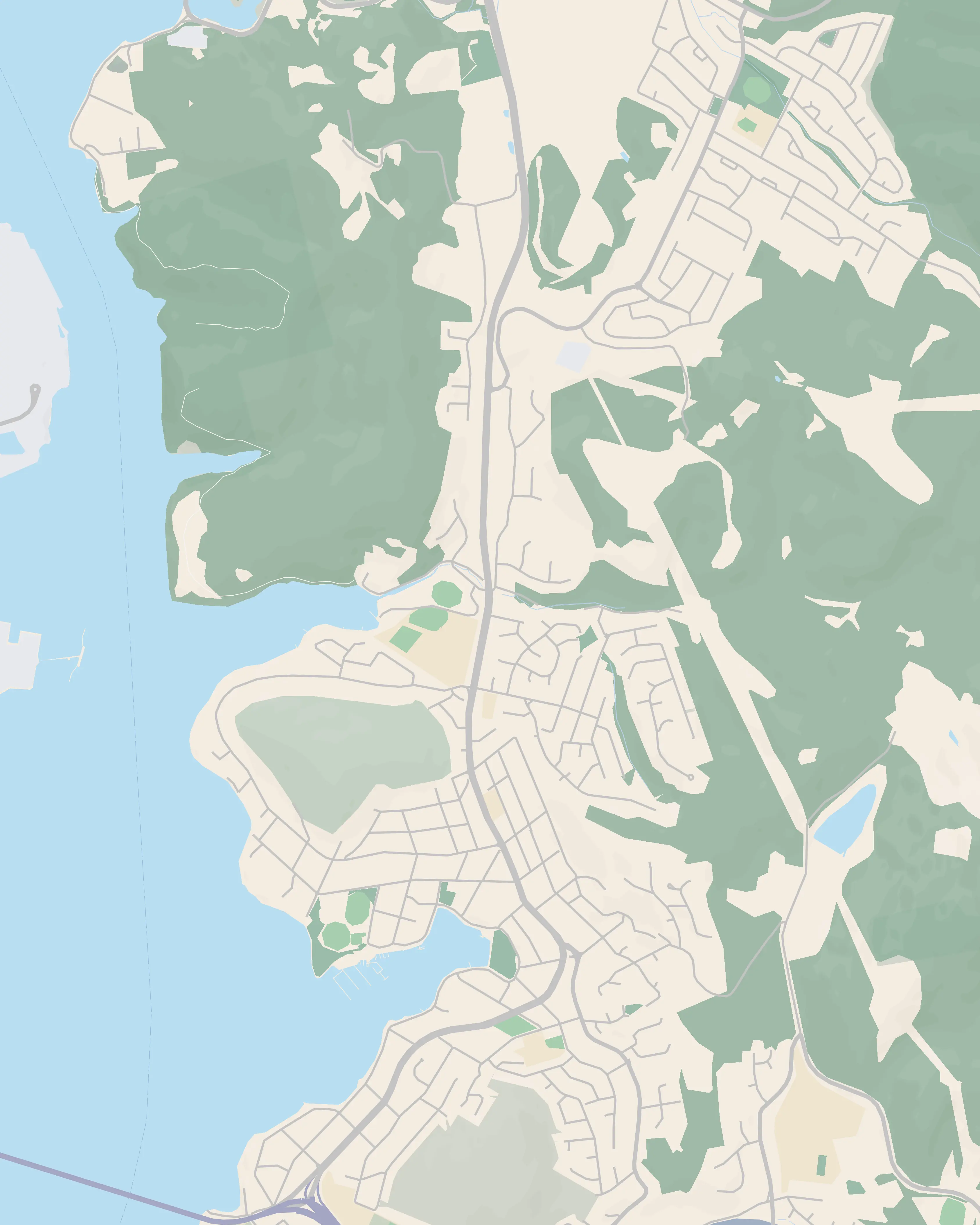 Illustrated map of Lindisfarne and the inner eastern shore — showing the village, the waterfront, Rose Bay to the south, Geilston Bay to the north and Warrane behind.
