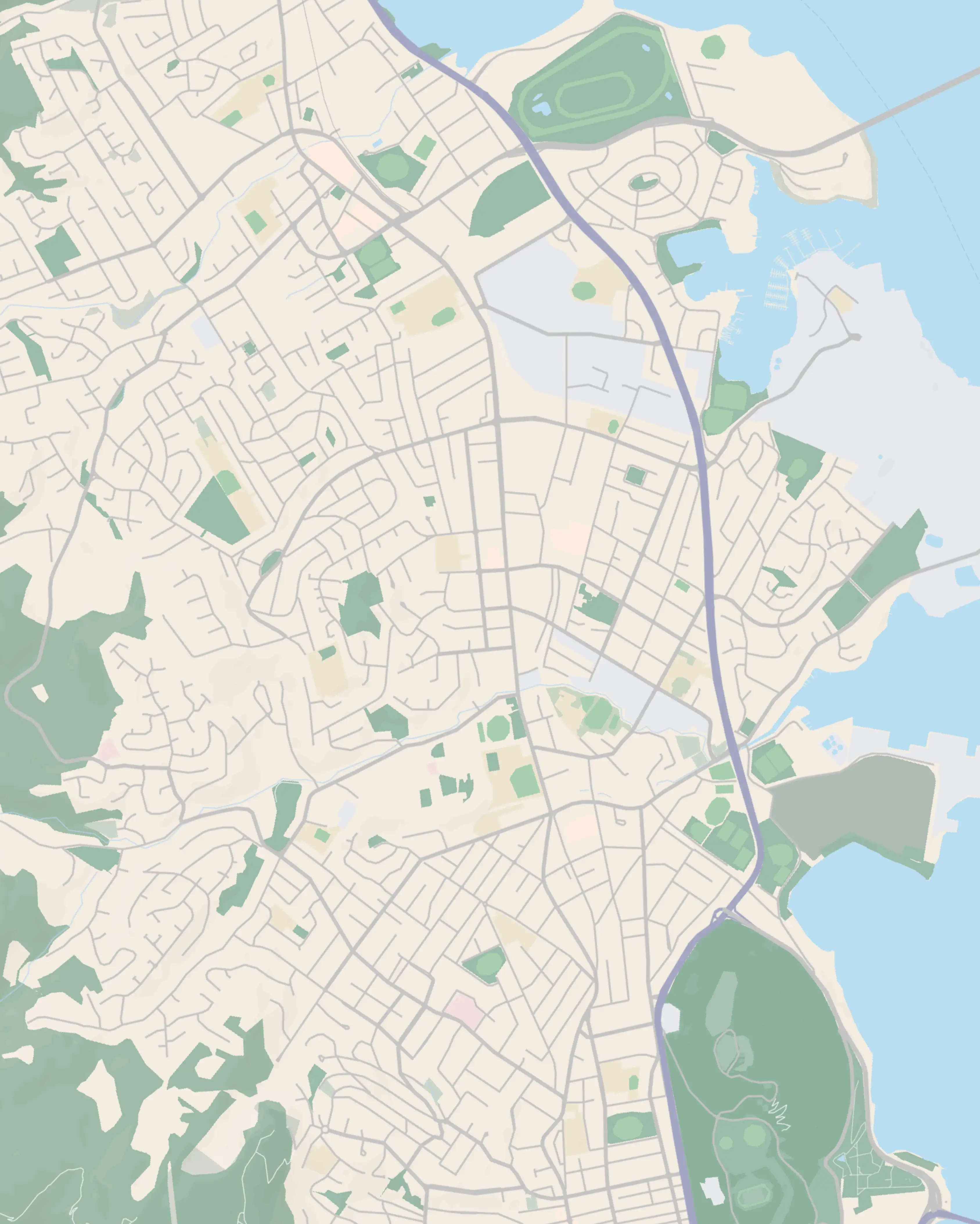 Illustrated map of Moonah and the Main Road corridor — showing Moonah village, Derwent Park to the south-west, New Town to the south and Lutana on the hill.