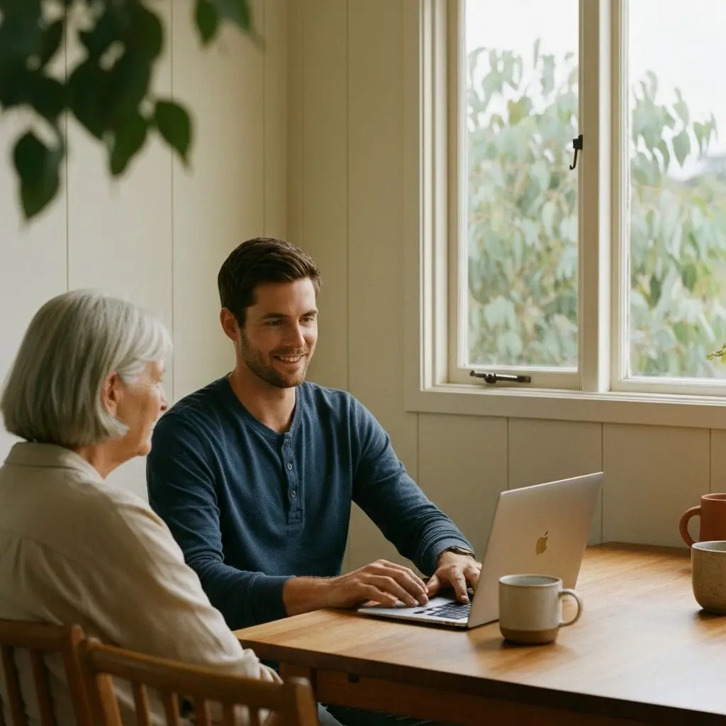 A HeyTech technician at a customer's home in Hobart, helping with a laptop in warm natural light.